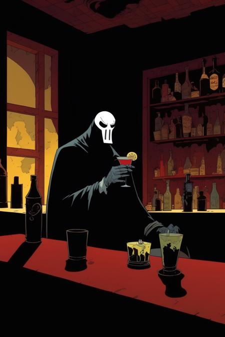 00367-1427358995-_lora_Mike Mignola Style_1_Mike Mignola Style - filme by mike mignola, cartoon showing a no face man drinking a cocktail at a sh.png